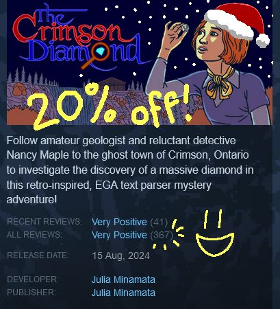 Screenshot of part of The Crimson Diamond Steam store page, with handwritten 20% off and smiley face and snow and Santa hat.