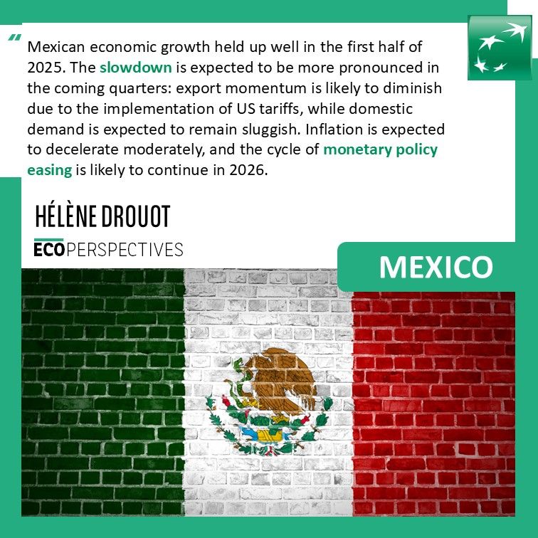 Mexico : Mexican economic growth held up well in the first half of 2025. The slowdown is expected to be more pronounced in the coming quarters: export momentum is likely to diminish due to the implementation of US tariffs, while domestic demand is expected to remain sluggish. Inflation is expected to decelerate moderately, and the cycle of monetary policy easing is likely to continue in 2026. 
Hélène Drouot
