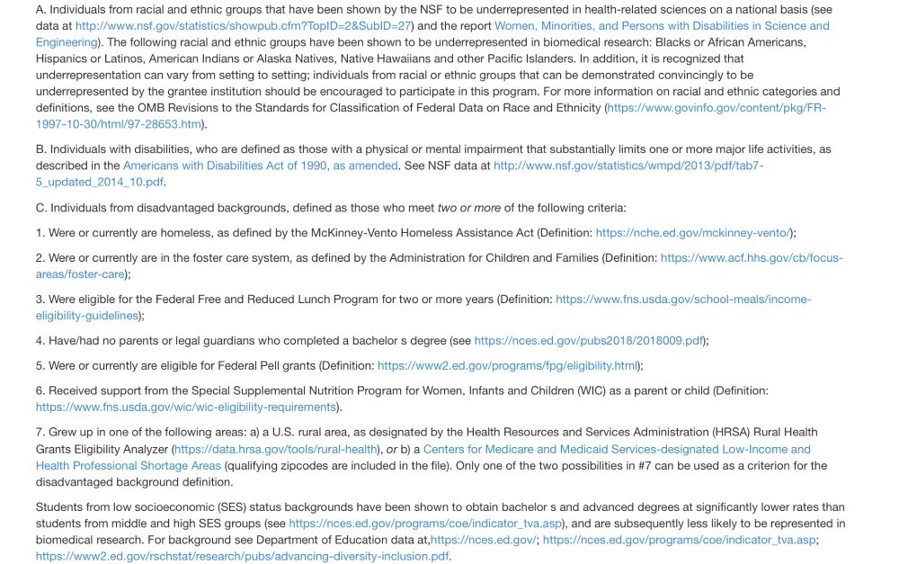List of eligibility criteria for NIH diversity supplements and related F, K and other awards