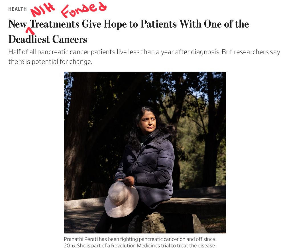 Headline from Wall Street Journal corrected with red pen. Original says “New Treatments Give Hope to Patients With One of the Deadliest Cancers”. Corrected says “New NIH Funded Treatments Give Hope to Patients With One of the Deadliest Cancers”