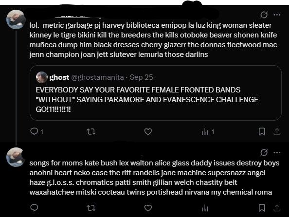 a quote tweet thread of two, where the OP tweet says "say your favorite female fronted bands without saying paramore or evanesence". in the two tweets I fill the character count with a list of bands, ending the second tweet with "nirvana, my chemical roma--" then it cuts off. the joke being that the lead members of these bands are widely known to be girls.