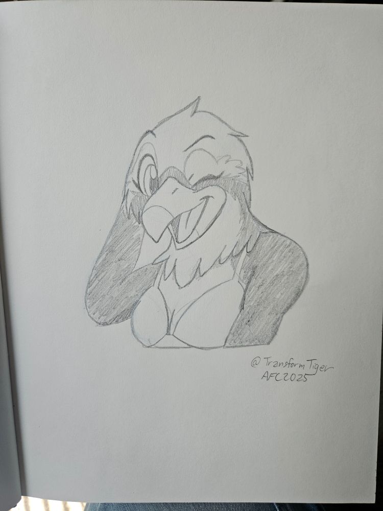 Chest up headshot of my avian character Alondra, giving a wink to the viewer.