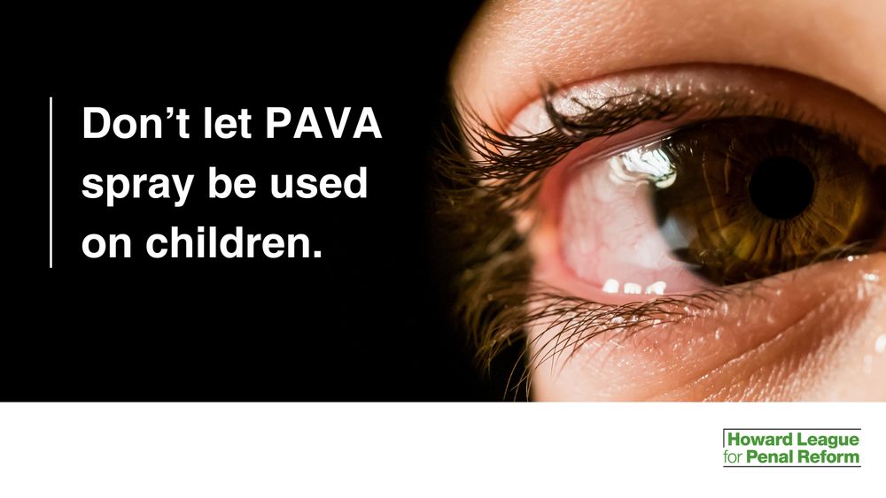 Close-up of a brown eye with a warning not to use PAVA spray on children to prevent harm.