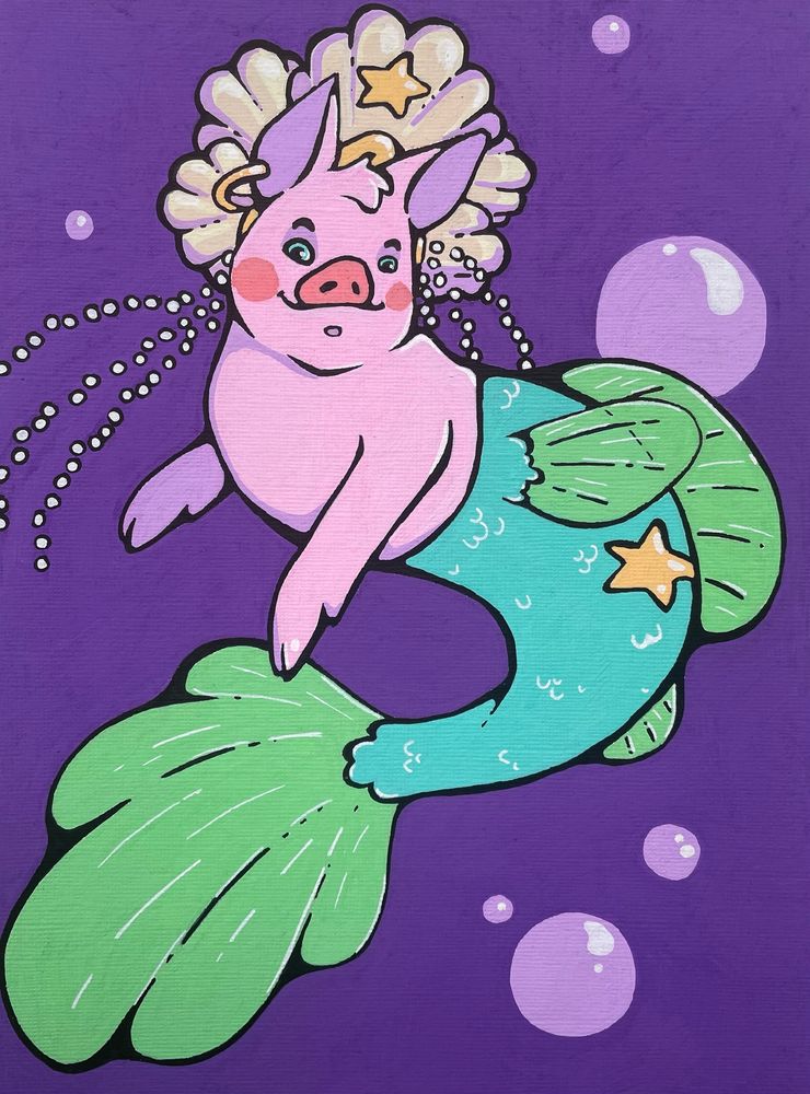 Illustration of mermaid pig with crown.