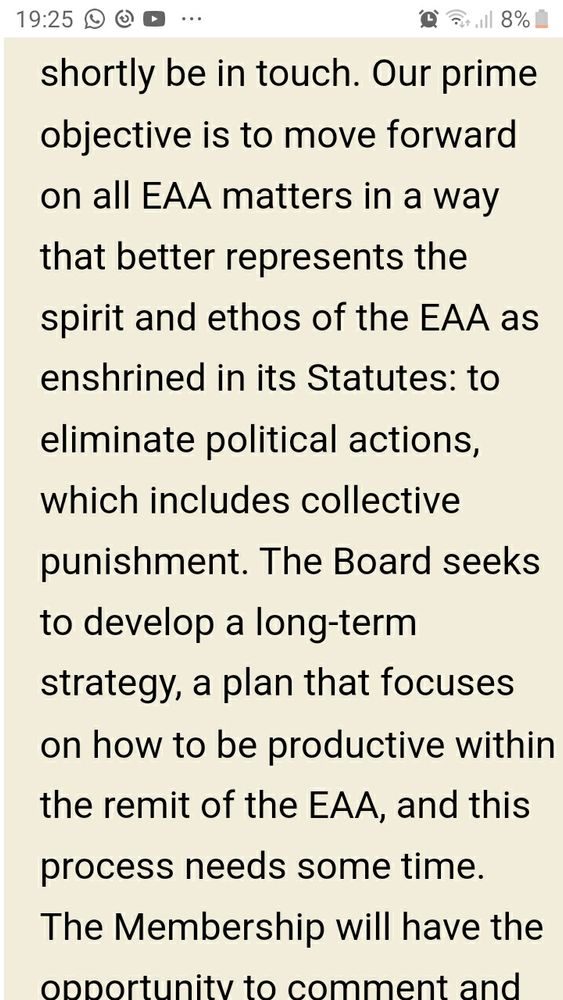 The European Archaeoological Association uses the term "collective punishment" to describe why it reversed its own democratic decision to require attendees at #EA2025 with Israeli affiliations to attend instead as individuals.