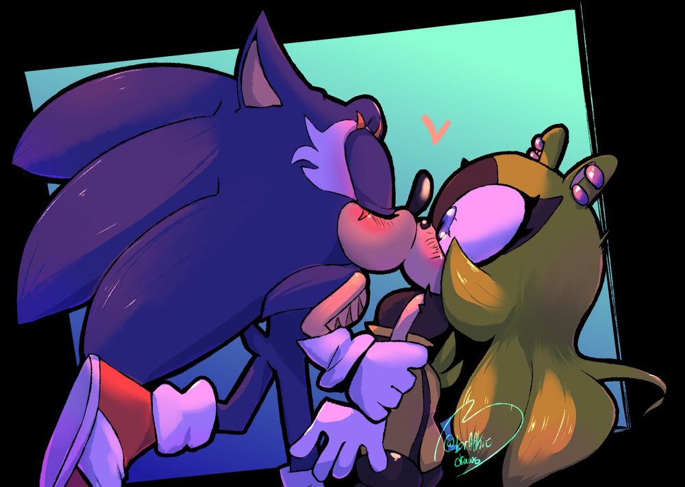 Multiverse sonic and Surge doing the large smooch, surge is very surprised