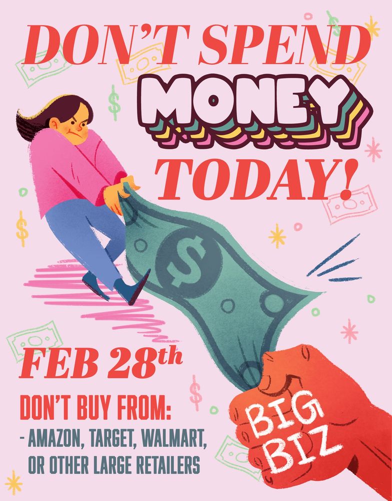 Infographic showing a woman yanking money away from a hand labeled “big biz”
