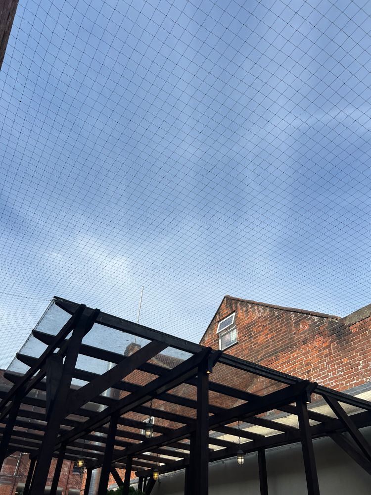 A metal net stretched above a pub garden