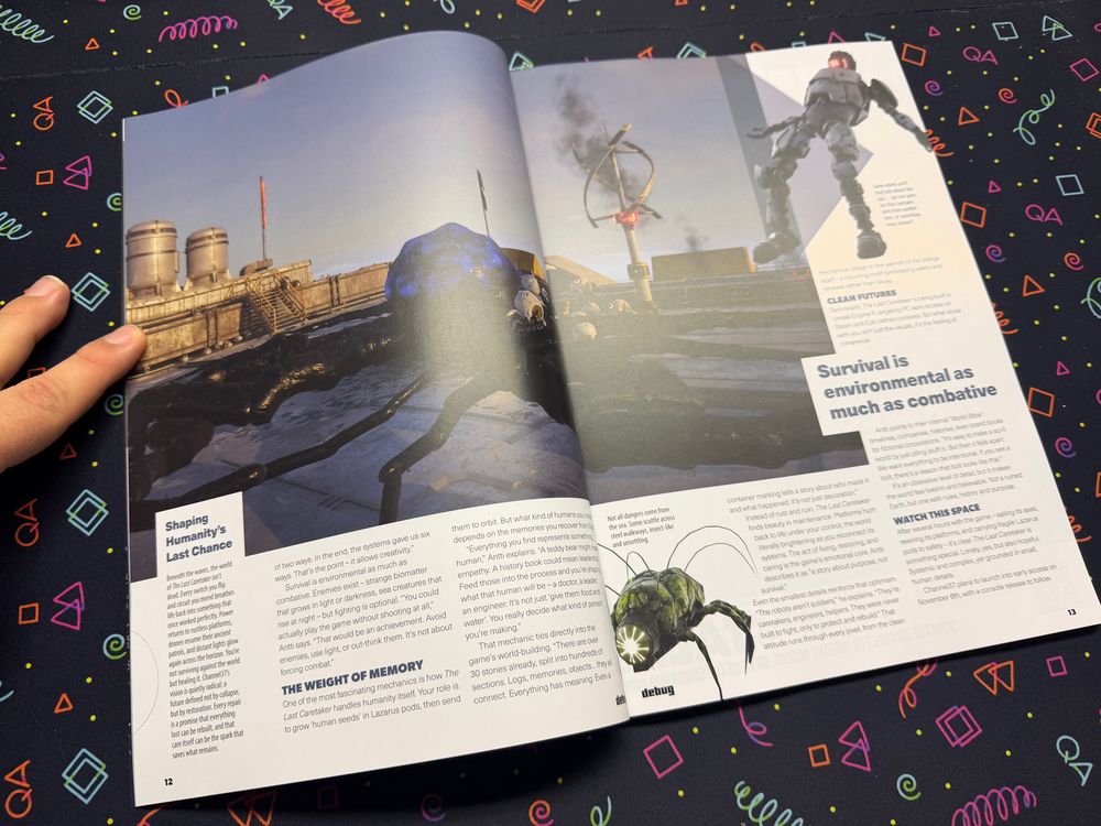 Inside issue 12 of Debug magazine, depicting a spread all about the video game The Last Caretaker