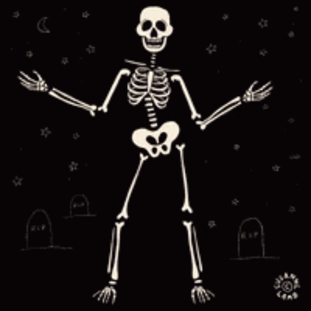 a skeleton is standing in front of a cemetery at night