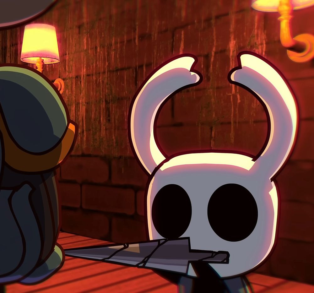 hollow knight offering their sword to shovel knight as forgiveness for breaking shovel knight’s weapon in battle <3