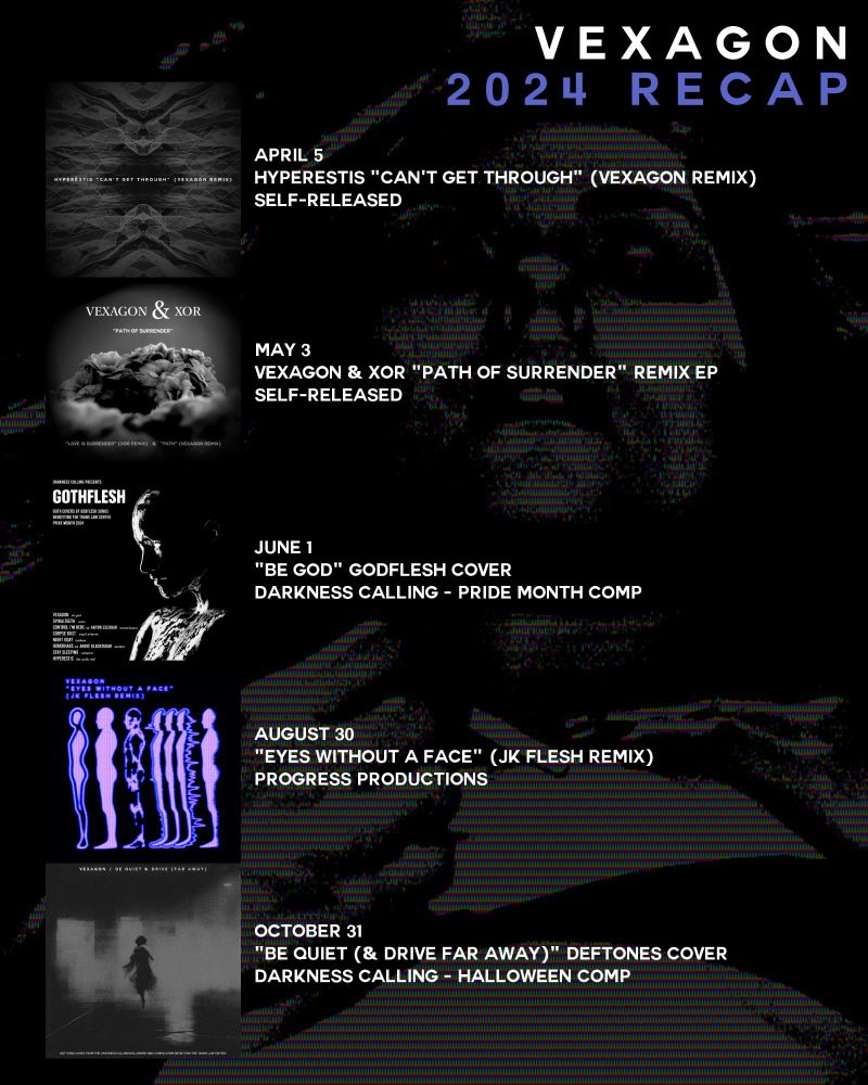 A list of Vexagon's music releases from 2024, with artwork & details of each.