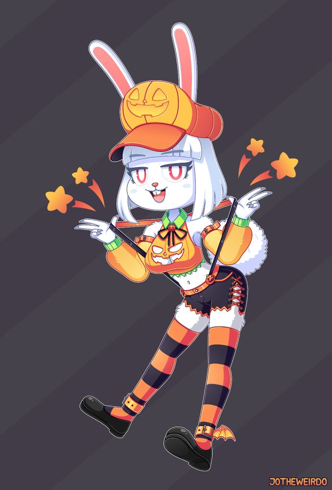 Digital art of Juniper, who is an anthropomorphic bunny girl, wearing a Halloween themed outfit. She's striking a silly pose where's she is pulling her suspenders to the side while doing what seems to be finger guns with her hands.