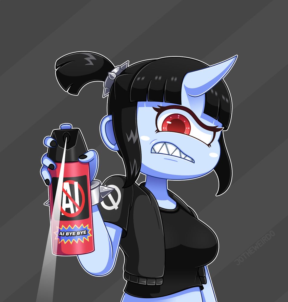 A cyclops monster girl named Miko holding a can of spray aimed towards AI slop in order to get rid of it.