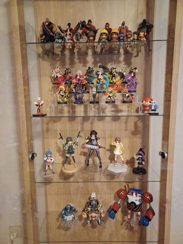 Collection of figurines from: Team Fortress 2, Splatoon series, Dark Souls, Undertale, Sonic, Lucky Star, Sword Art Online Alternative: Gun Gale Online, Konosuba, Hololive, Murder Drones, Full Metal Alchemist, Overwatch and One Piece