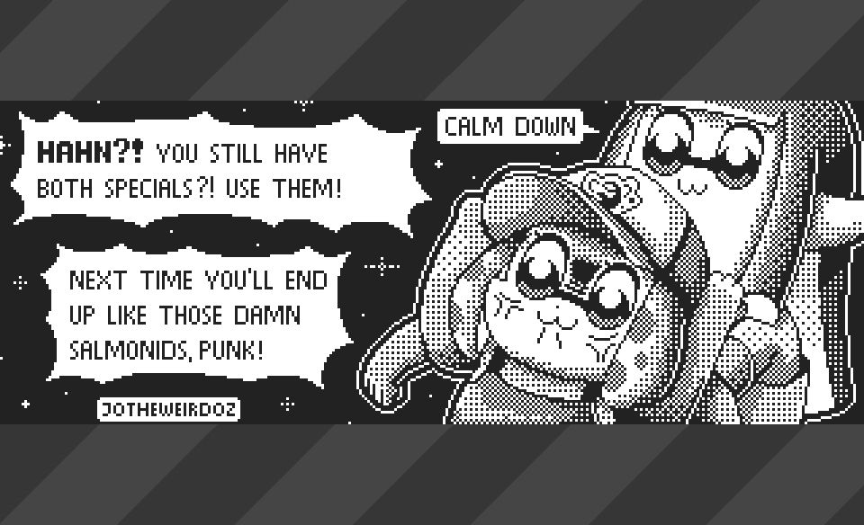 Pipimi from Pop Team Epic holding back Popuko who is shouting at someone off screen who hasn't used their specials during Big Run and threatens to harm them.