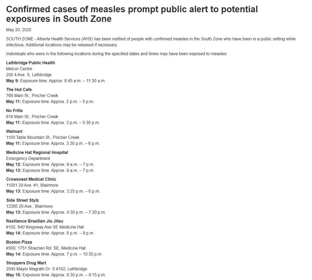 A screenshot of all of the locations mentioned in the health alert. There are too many locations to include in ALT text, just view the link. 