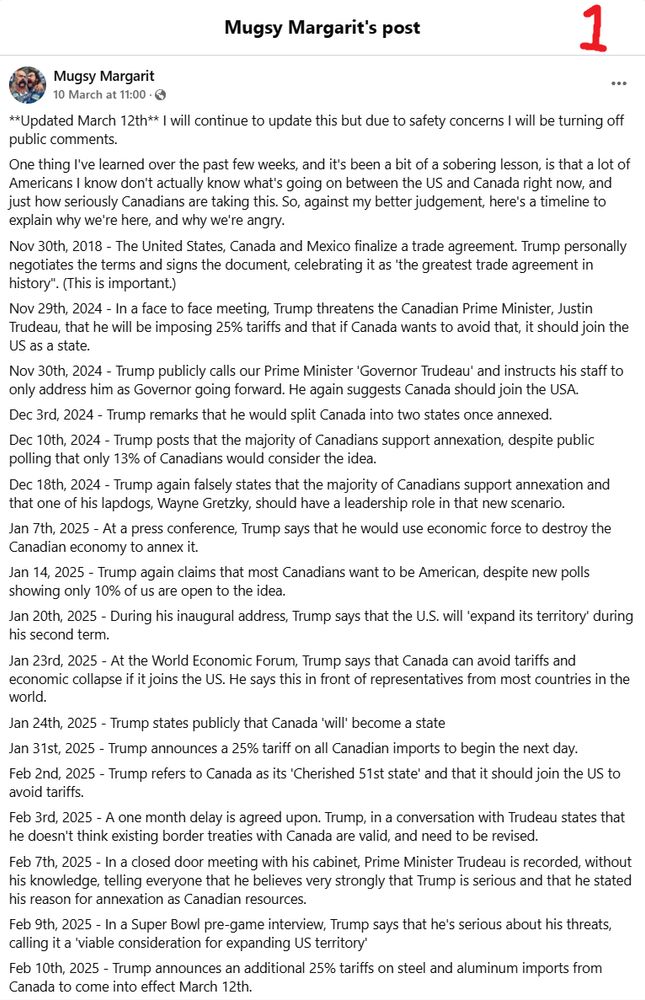 A screenshot of the referenced FB post. It explains why Canadians are so upset about the rhetoric from Trump regarding Canada becoming the 51st American state. There is way too much text to include in alt text so please visit the link directly to read.