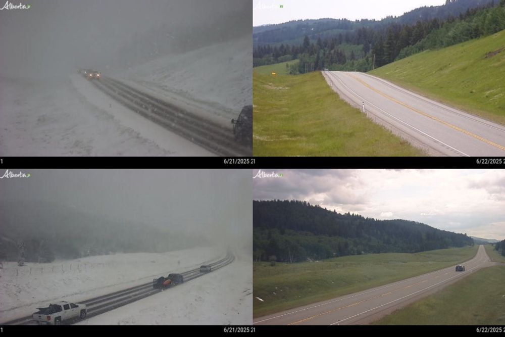 4x screenshots of a traffic camera. The pics from yesterday were covered in snow (the two images on the left). Today is all clear and sunny. 
