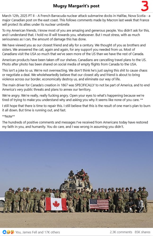 A screenshot of the referenced FB post. It explains why Canadians are so upset about the rhetoric from Trump regarding Canada becoming the 51st American state. There is way too much text to include in alt text so please visit the link directly to read.