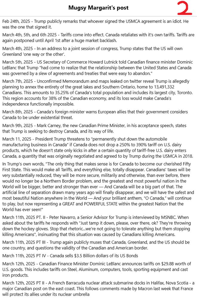 A screenshot of the referenced FB post. It explains why Canadians are so upset about the rhetoric from Trump regarding Canada becoming the 51st American state. There is way too much text to include in alt text so please visit the link directly to read.