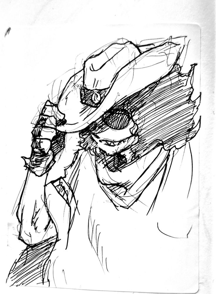 A figure with long dark hair, sunglasses, and a cowboy hat. A sketch in ballpoint pen.