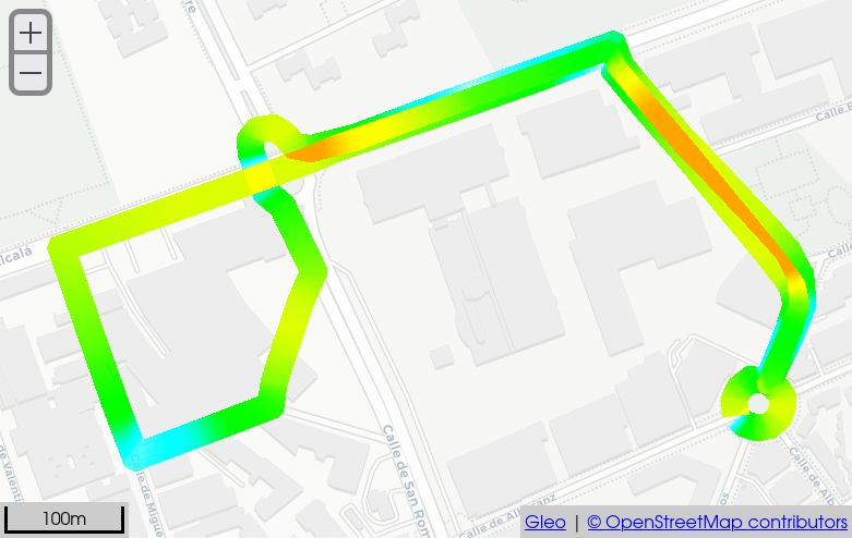 A map interface. It displays a line of changing colours over a white-ish basemap.