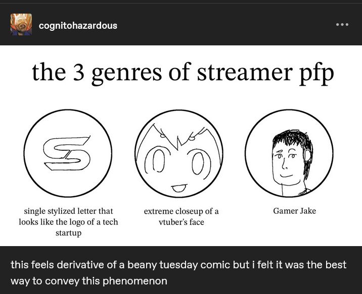 Screenshot of a tumblr post by CognitoHazardous. It reads "the three genres of streamer profile picture: single stylized letter that looks like the logo of a tech startup, extreme closeup of a vtuber's face, and Gamer Jake." The first two icons look exactly as described, and "Gamer jake" is a nondescript mildly smiling man with a quirked up eyebrow. The text below says "this feels derivative of a beany tuesday comic but i felt it was the best way to convey this phenomenon"