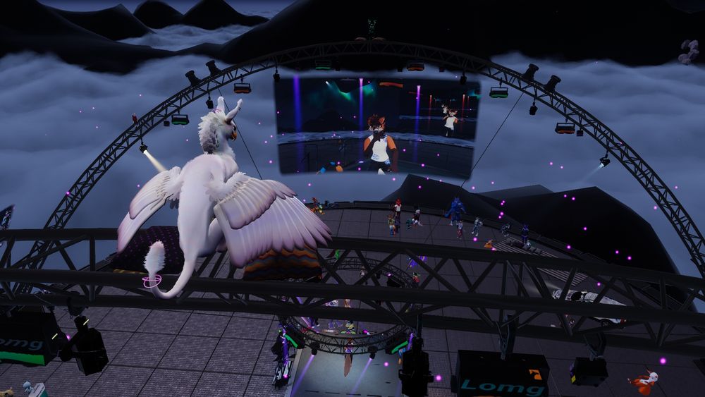 White gryphon perched above the dancefloor at Stage Flight.