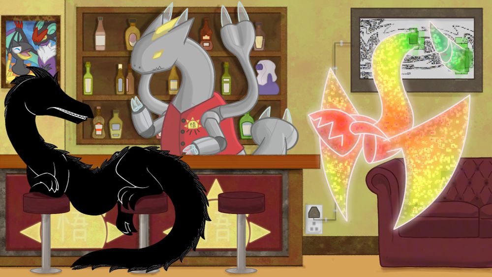 Three characters in a bar.  

On the left is Lacerta, a black unidentified entity from a world torn from reality across two bar stools with his belly sagging between them and a disgruntled look on his face.  There is a framed picture of a Heliolisk and a Noivern behind Lacerta's head.

Wu, an iceless Kyurem and owner of The Dawn's Boundary bar, stands behind the bar and faces Lacerta.  Behind him are three shelves containing numerous alcohol bottles, as well as a Pokémon potion.

On the right coming out of a screen on the wall and in front of a sofa is Kuskure, an amph!p7er(- amphiptere computer virus (the screen is a garbled Nigerian Prince scam email).  