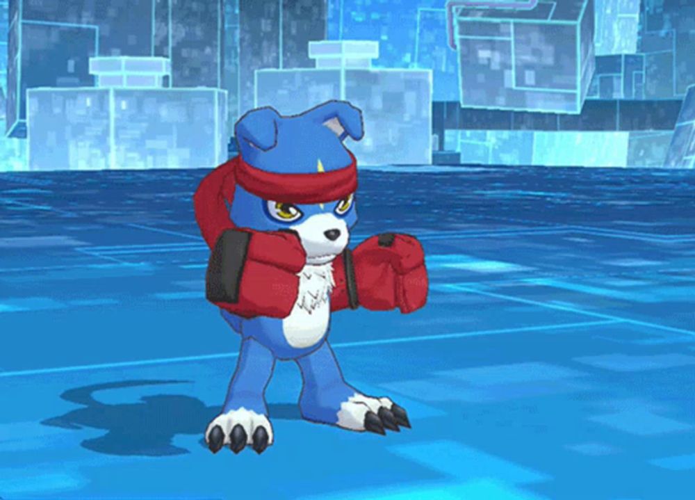 a blue and white cartoon character with a red bag on his back