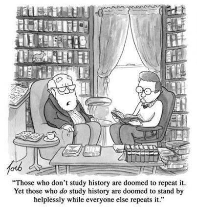 Two men sitting in a room lined with bookshelves. One say "Those who don't study history are doomed to repeat it. Yet those who do study history are doomed to stand by helplessly while everyone else repeats it." Cartoon Copyright © Tom Toro www.tomtoro.com licensed via Cartoonstock.com