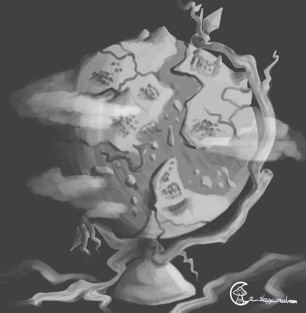 Digital drawing of a globe in grayscale depicting a fantasy world 
