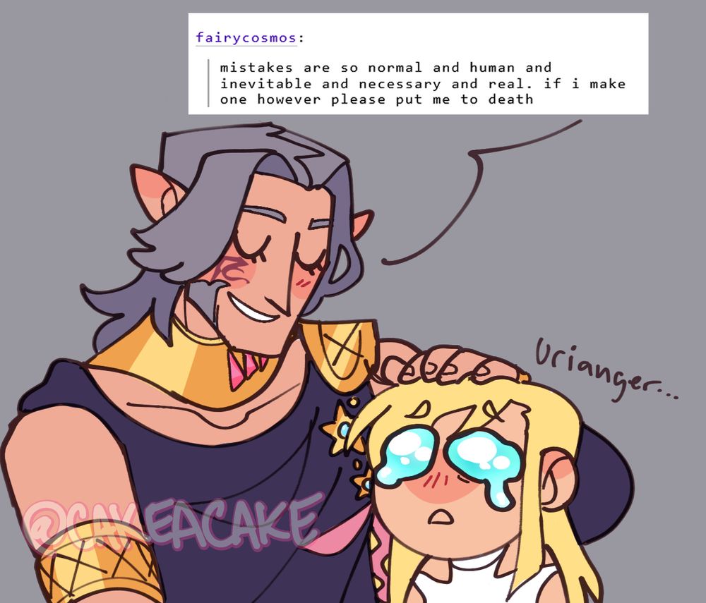 Ryne looking up at Urianger with eyes full of tears as he says "mistakes are so normal and human and inevitable and necessary and real. if i make one however please put me to death".
