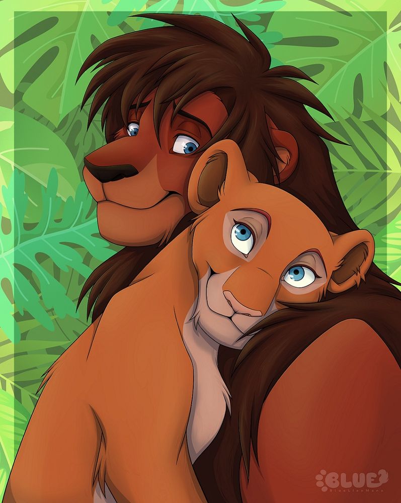 Character portrait of a lion and lioness against a jungle leaf background. The lion has a reddish-brown pelt and dark brown mane while the lioness has a cinnamon pelt with a light beige underbelly; both of them have blue eyes. The lioness has her head resting on the lion's shoulder, in the same well-known pose of Simba and Nala from coloring books and such. The lion's expression is somewhat sheepish, as if he can't believe his luck in finding love, but also kind and affectionate. The lioness's expression is loving, but with a corner of her mouth turned up slightly wryly, as if she wants to gently reprimand him but knows what kind of lion she's got.