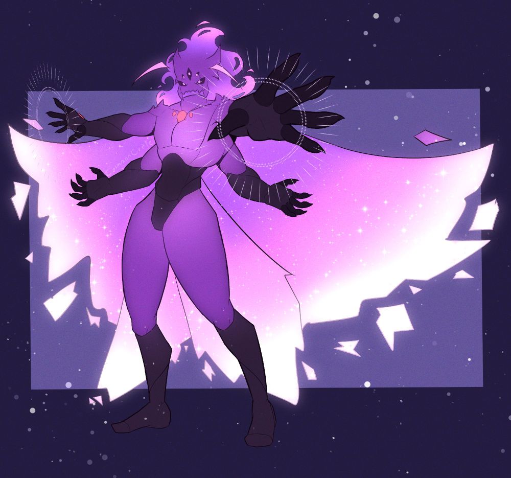A tall, purple, four-armed, glowing moth-like entity, both its "hair" and wings appear to burn constantly while glowing just as bright as the character itself
It is at a menacing position, posing while is about to start demonstrating its power