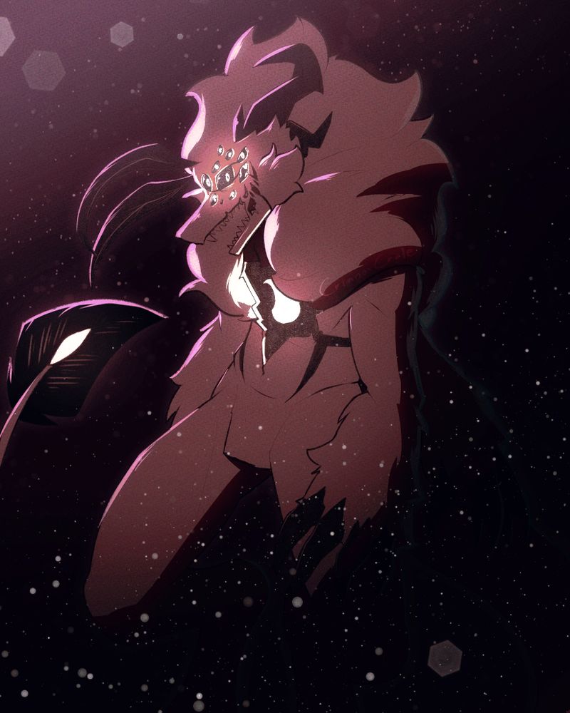 A were-like creature, the only visible lights sources are two from distance, his many eyes and exposed "heart"