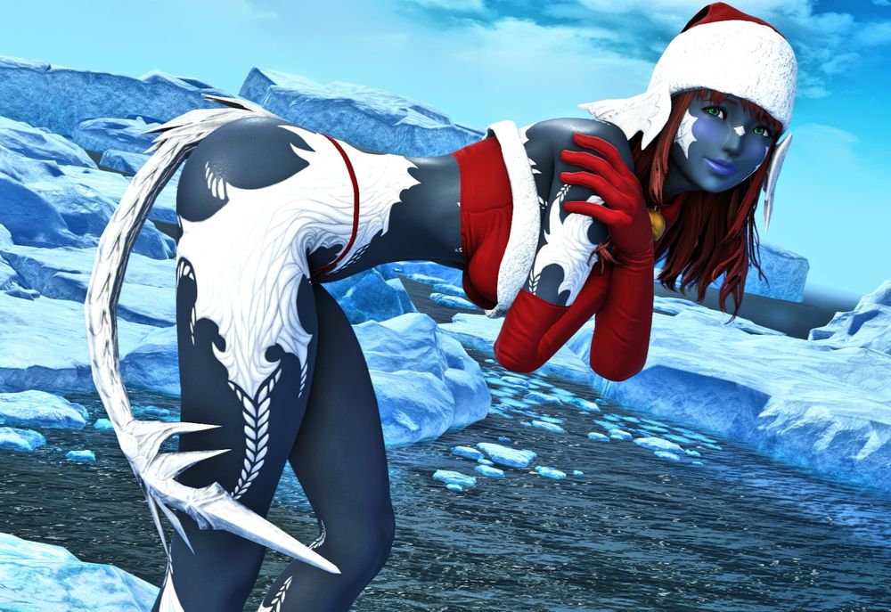 A Female Au Ra character from Final Fantasy 14 acts cold while showing off her thights and behind.