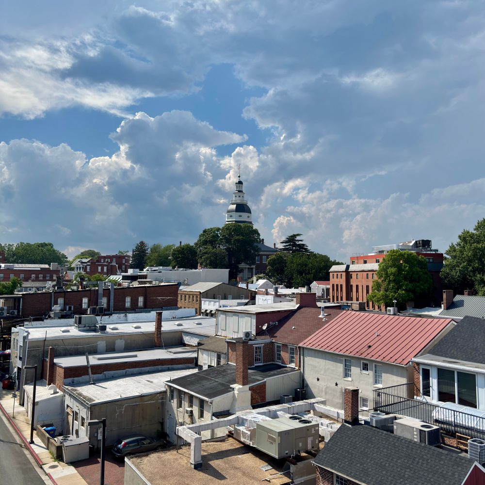 Elevated view of downtown Annapolis, Maryland, showing brick buildings, rooftops, and the Maryland State House wooden dome rising above the tree line under a dramatic cloudy sky.
