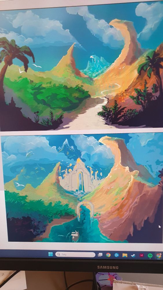 The picture is showing two images on my screen roughly depicting the same landscape painting - one is showing a sandy path leading to a mountain shaped like a dragon, the other is showing a river leading to a temple like city with a waterfall instead of a door. Both with blue sky and palm trees. 