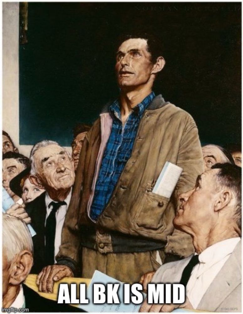 Norman Rockwell’s freedom of speech meme labeled “all bk is mid”