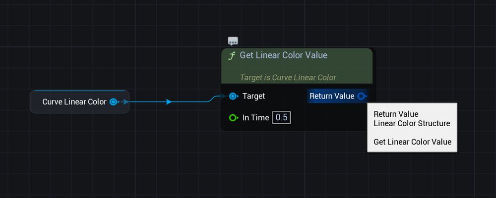Reading the value of a Curve Linear Color variable. Pass in a float "Time" value and get back the corresponding FLinearColor for that position in the gradient. i.e. a value 0-1 for the start/end of the gradient. Screenshot from Unreal Engine Blueprint Graph.