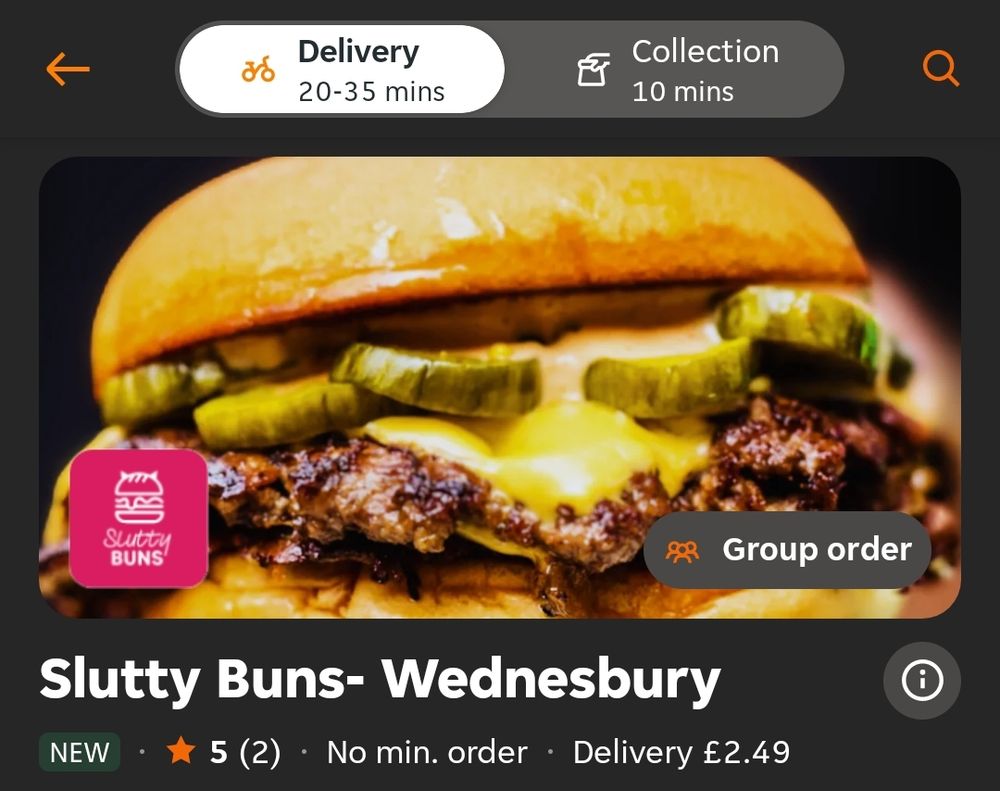 JustEat Header image for a burger restaurant called "Slutty Buns - Wednesbury". Stock image of a Cheeseburger featuring a lot of Pickles.
