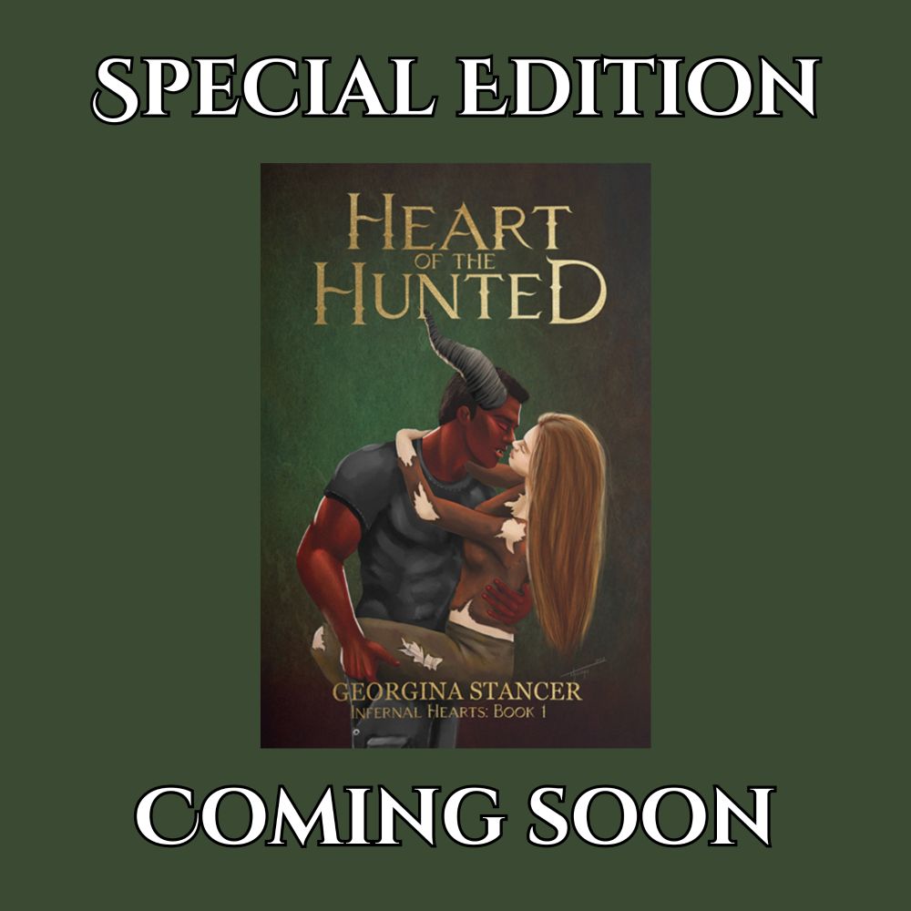 Picture shows the special edition cover for Heart of the Hunted. The custom illustrated character art cover will be on the ebook, paperback, and dust jacket. There is also a NSFW version that will be inside the book in both colour and b/w. The writing on the picture reads 'special edition coming soon'.