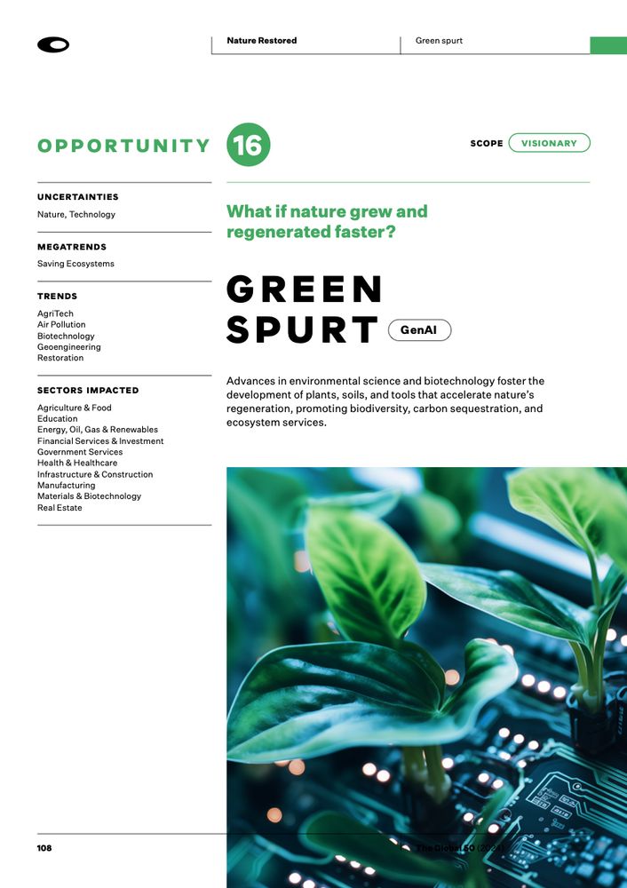 A screenshot of ‘THE GLOBAL 50’ future opportunities report by Dubai Future Foundation, featuring a picture with a circuit board with plant spurts coming out of it.