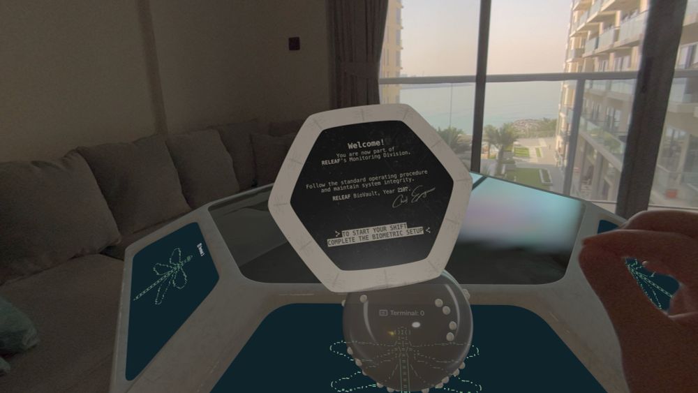 A screenshot from the Green Spurt game, showing a welcome message that prompts the player to complete the biometric setup. Passthrough view of a living room.