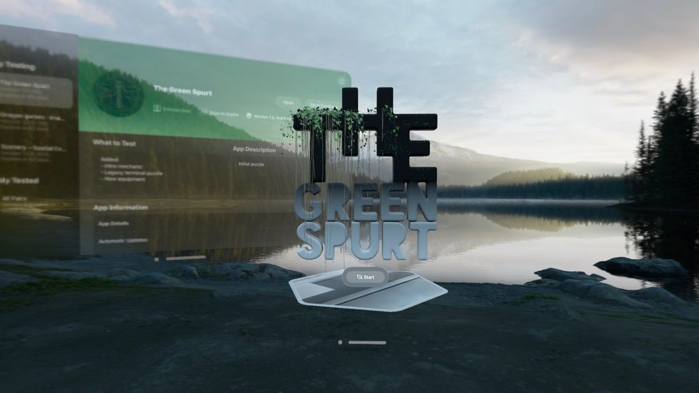 A screenshot of The Green Spurt start scene, featuring the game’s 3D logo and a ‘Start’ button underneath. In the background, a TestFlight window is visible with the game’s page. Mount Hood Vision Pro environment.