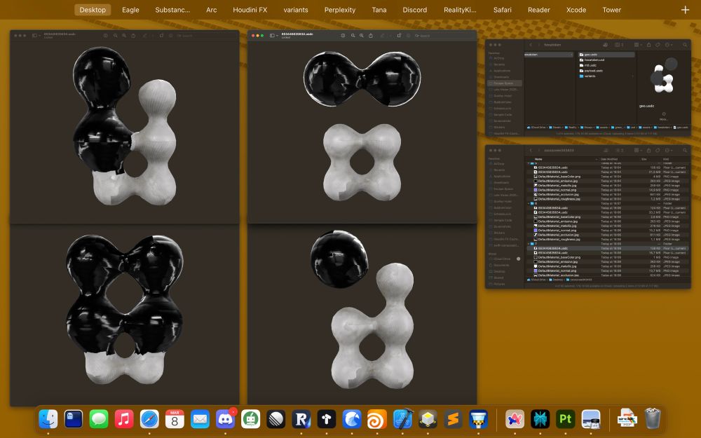 A screenshot of a desktop screen with opened USDZ previews of black and white Braille tokens 3D models, side by side with 2 windows.