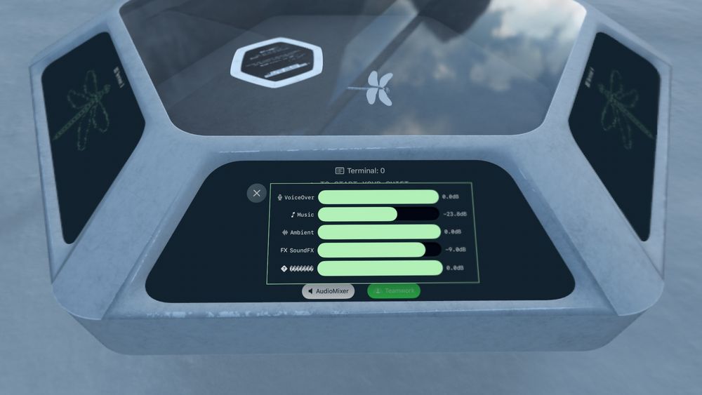 Audio settings UI showing sliders for VoiceOver, Music, Ambient, SoundFX, and something hidden.