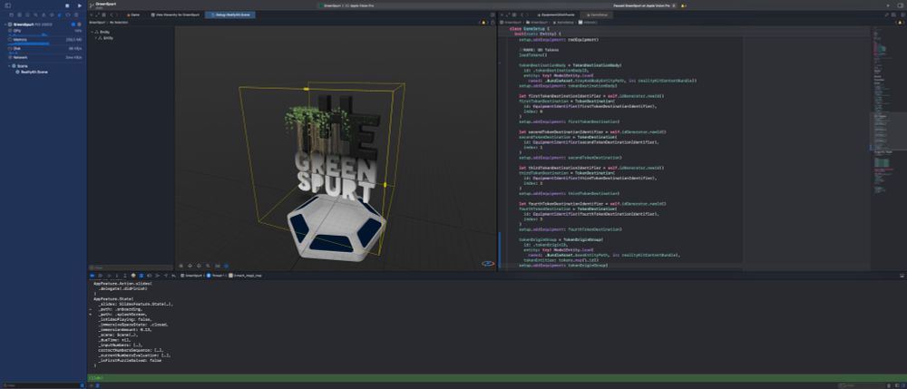A screenshot showing the RealityKit debugger in The Green Spurt project.